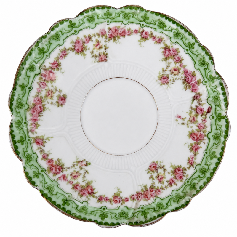 Antique German Porcelain Rose Saucer, Pink Rose Garland & Green Scroll Border, Gilt Scalloped Rim, c. 1900