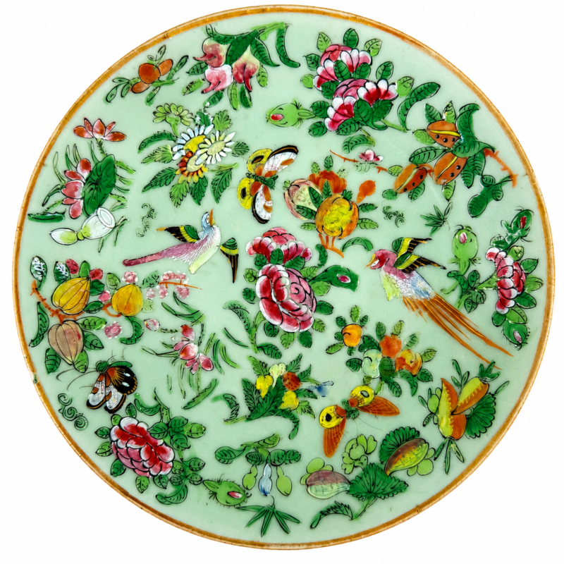 Chinese Rose Canton Famille Rose Plate on Celadon Ground, Birds, Butterflies & Flowers, Blue Seal Mark