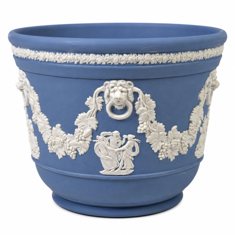 Wedgwood Blue Jasperware Jardinière Cachepot, Lion-Mask Handles & Grapevine Festoons, Neoclassical Figures, Made in England