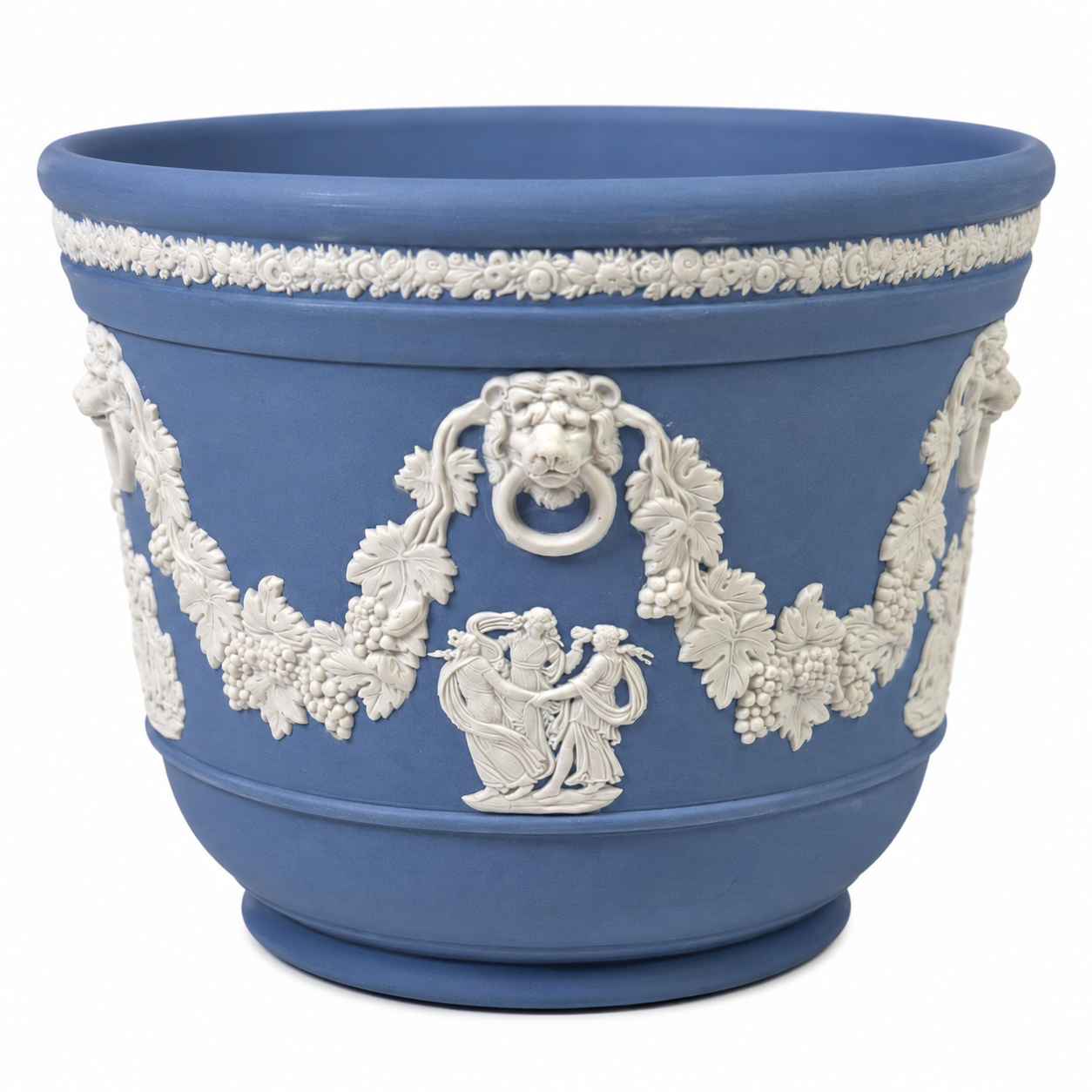 Wedgwood Blue Jasperware Jardinière Cachepot, Lion-Mask Handles & Grapevine Festoons, Neoclassical Figures, Made in England