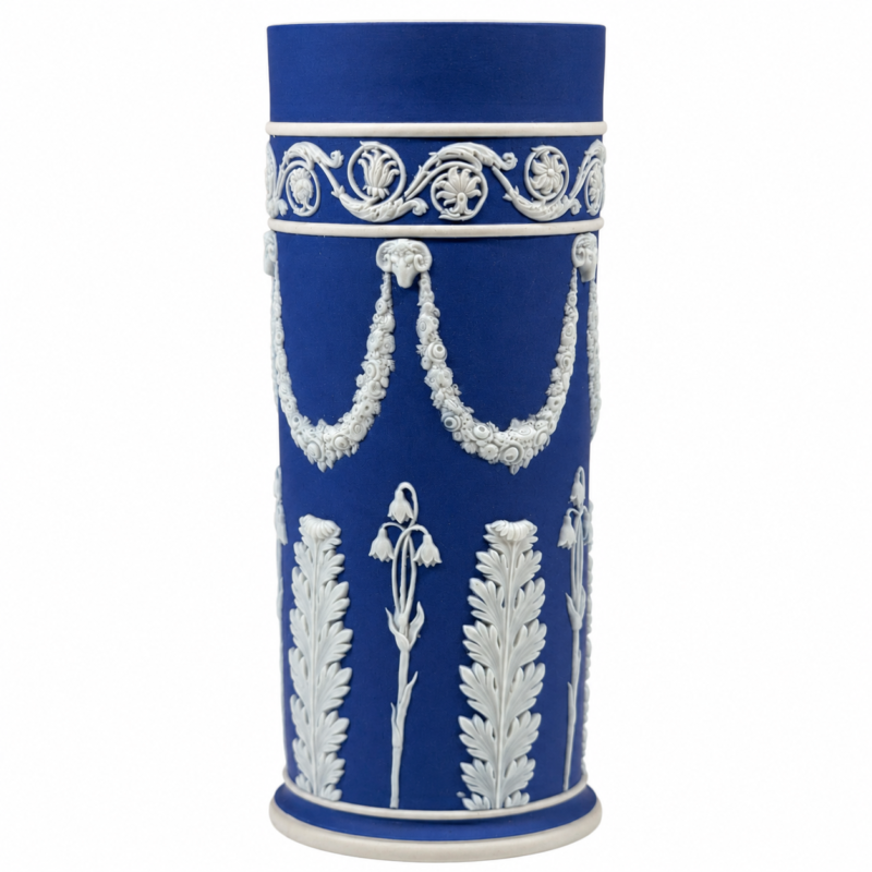 Wedgwood Dark Blue Jasperware Spill Vase, Ram's-Head Festoons & Bellflower Relief, Made in England — Decorative (As-Is)